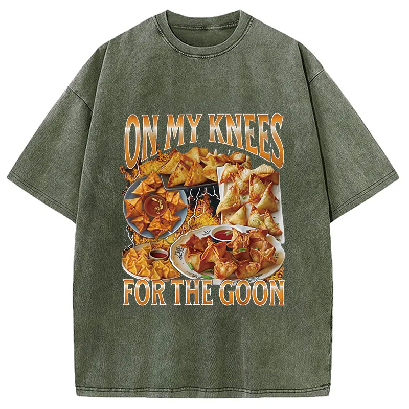 Modecanvas On My Knees Funny Crab Rangoon Meme Washed T-Shirt