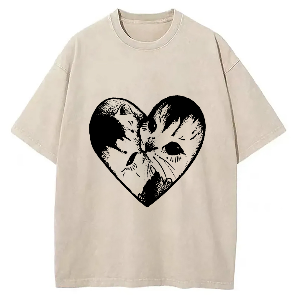 Modecanvas Heart Double Cats Washed T-Shirt