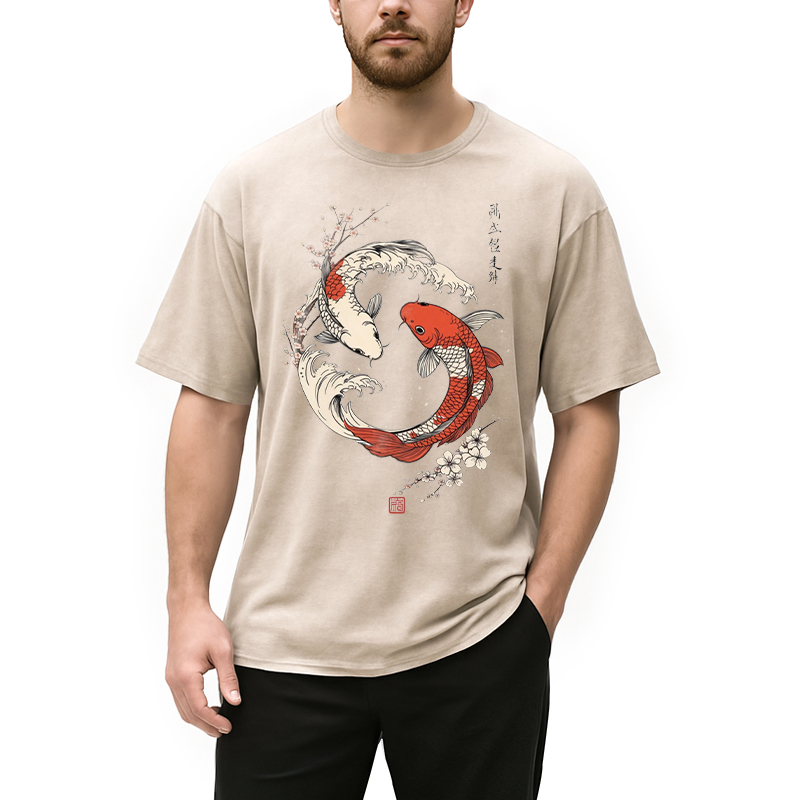 Modecanvas Koi Fish Cherry Blossoms Japanese DTG Printing Washed T-Shirt