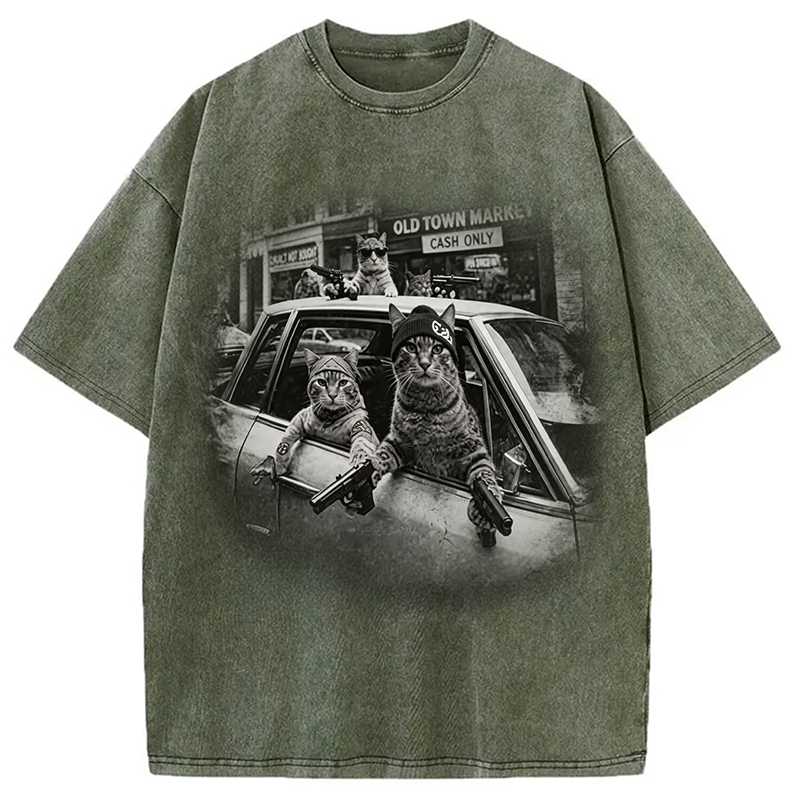 Modecanvas Gangster Cats DTG Printing Washed T-Shirt-modecanvas