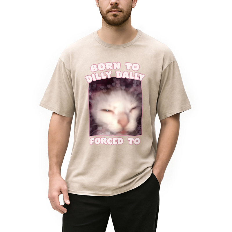 Modecanvas Born to Dilly Dally Cat Meme Washed T-Shirt