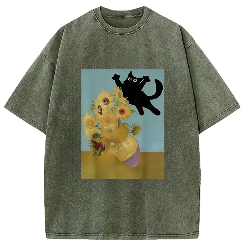 Modecanvas Playing Cat Sunflower Washed T-Shirt