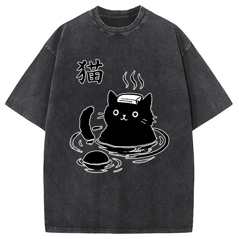 Modecanvas Cat Bathing In Hot Spring Washed T-Shirt