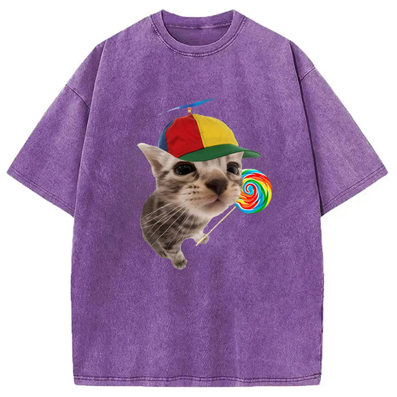 Modecanvas Cat With Lollipop And Hat Washed T-Shirt-modecanvas