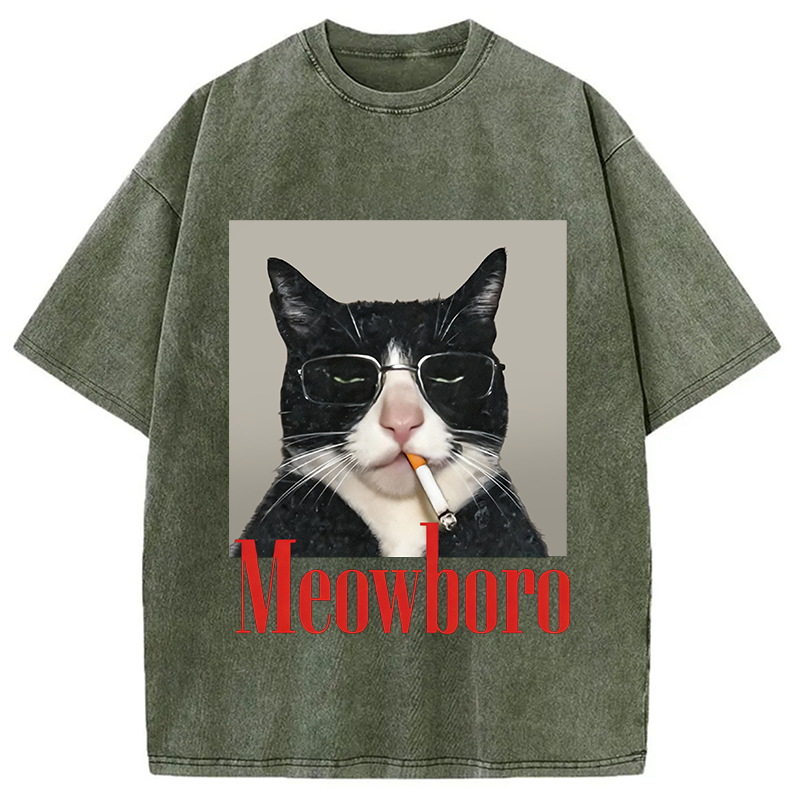 Modecanvas Funny Cat Smoking Cigarette Meme Washed T-Shirt