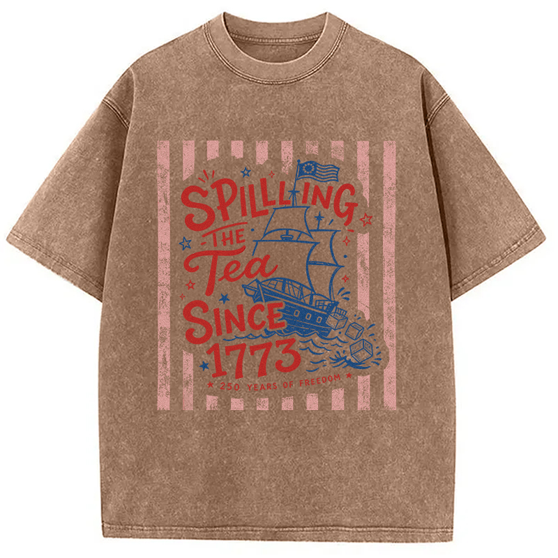 Modecanvas Striped Spilling The Tea Since 1773 DTG Printing Washed T-Shirt