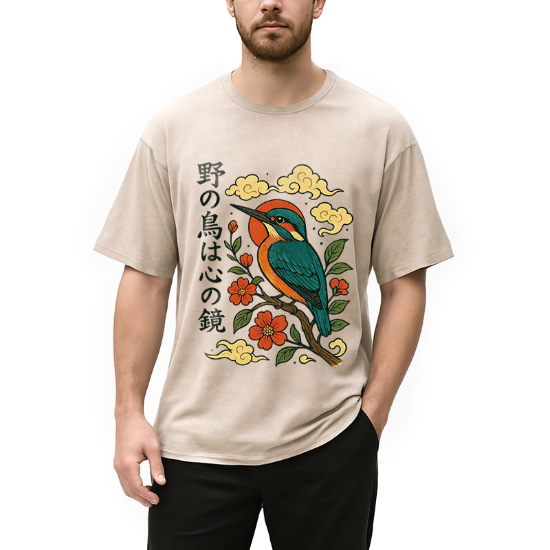 Modecanvas Japanese Kingfisher DTG Printing Washed T-Shirt