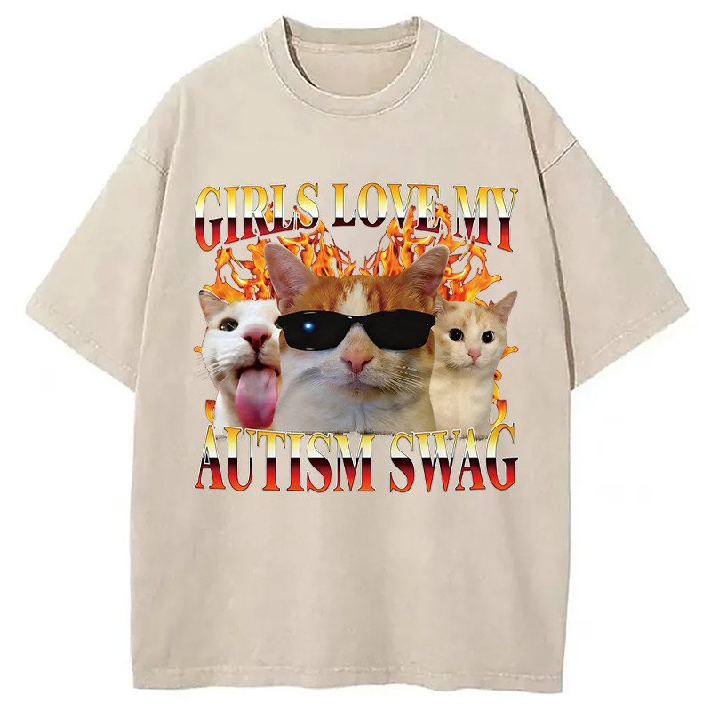 Modecanvas Girls Love My Autism Swag Funny Cat Meme DTG Printing Washed T-Shirt