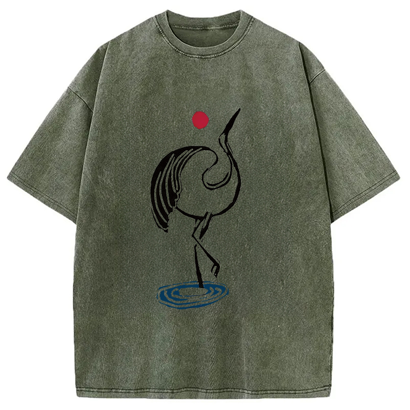 Modecanvas Japanese Crane Linocut DTG Printing Washed T-Shirt-modecanvas