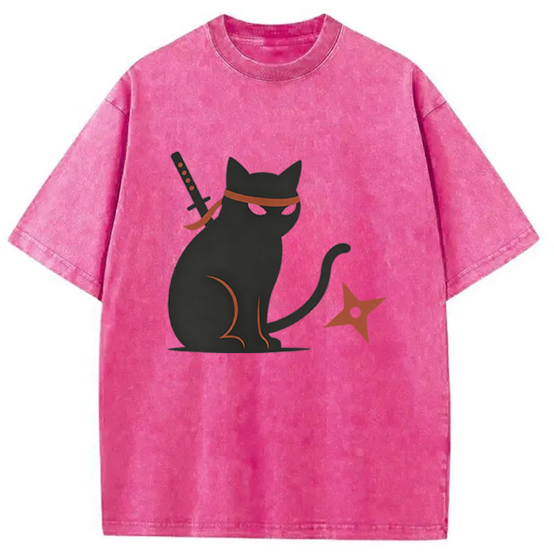 Modecanvas Japanese Ninja Neko Kimono Cat DTG Printing Washed T-Shirt