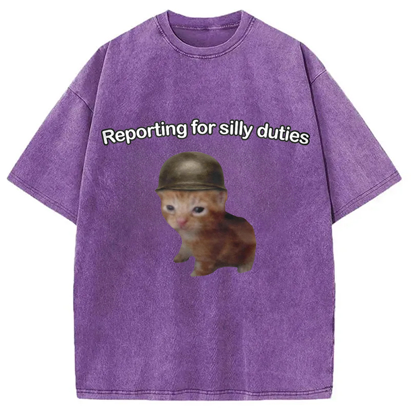 Modecanvas Reporting for Silly Duties Funny Cat Meme DTG Printing Washed T-Shirt
