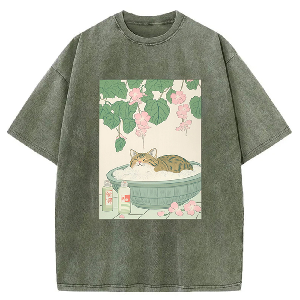 Modecanvas Tabby Cat In Bathtub Japanese Bathroom Decor Washed T-Shirt
