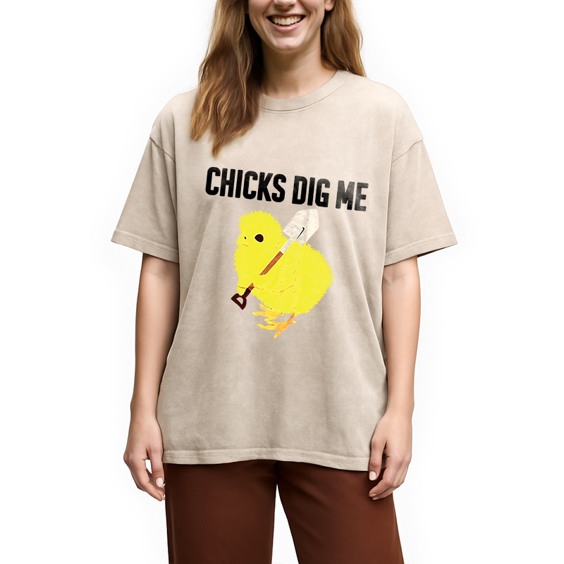 Modecanvas Funny Chicks Dig Me DTG Printing Washed T-Shirt
