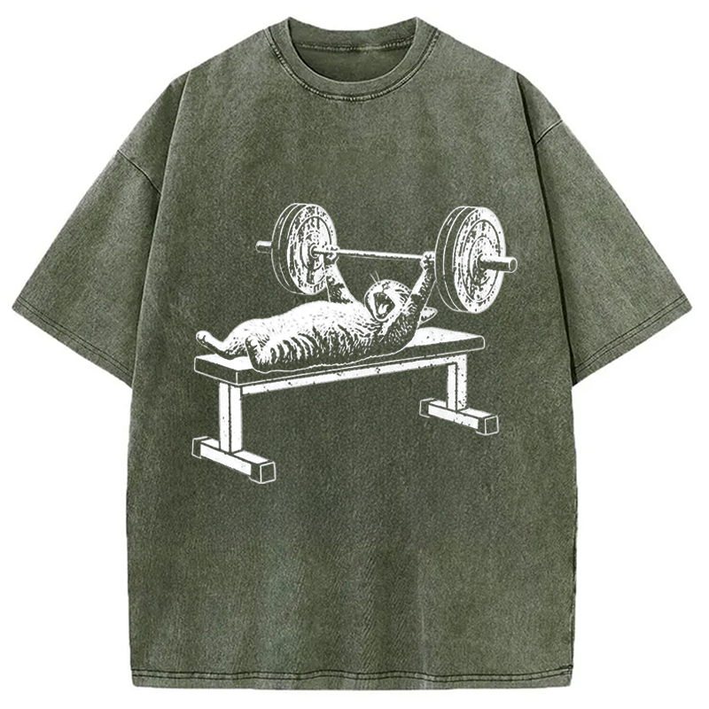 Modecanvas Funny Cat Gym DTG Printing Washed T-Shirt