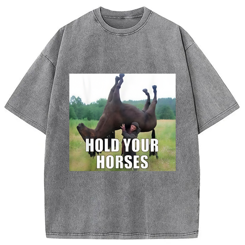 Modecanvas Hold Your Horses Funny Meme Washed T-Shirt