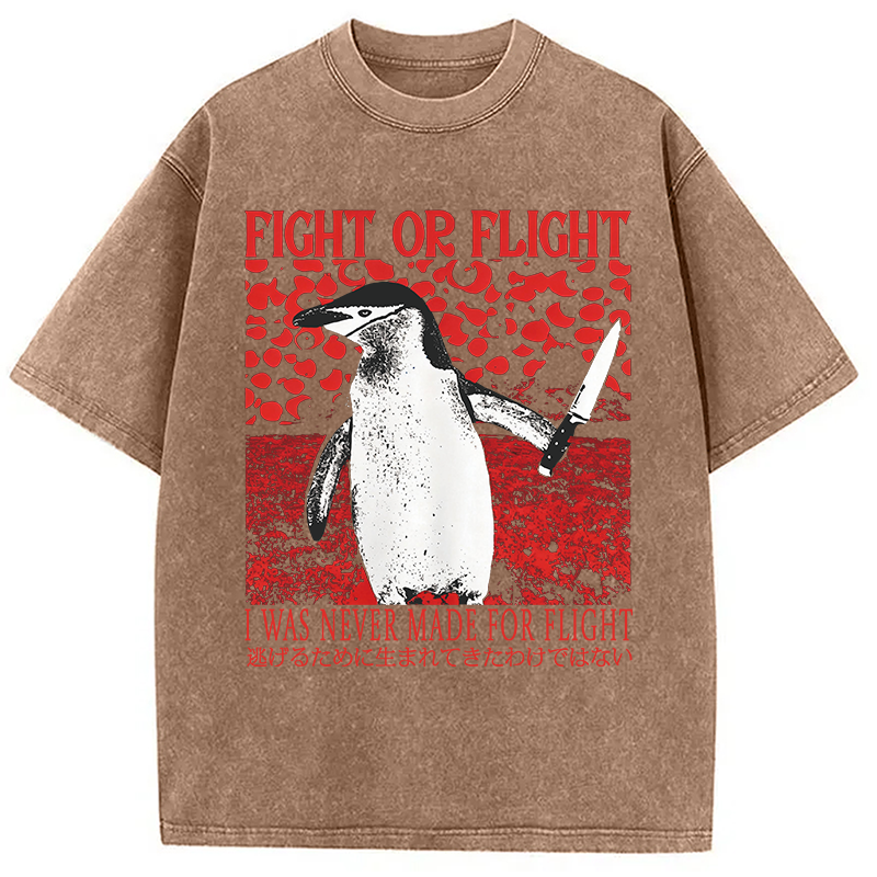 Modecanvas Vintage Japanese Funny Penguin DTG Printing Washed T-Shirt-modecanvas