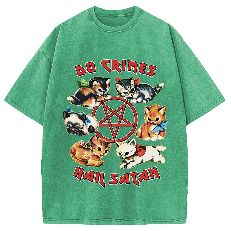 Modecanvas Cute Cats Do Crimes Hail Satan DTG Printing Washed T-Shirt