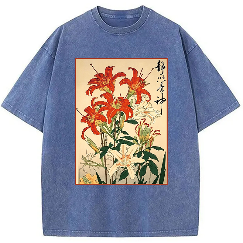 Modecanvas Red And White Lilies DTG Printing Washed T-Shirt
