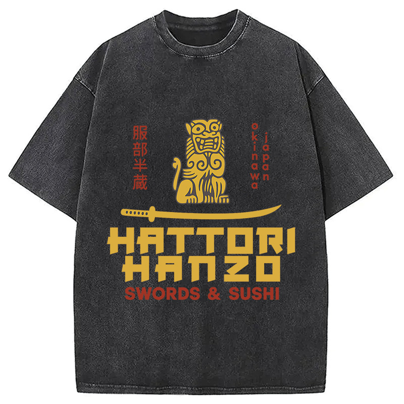Modecanvas intage Japanese Samurai Sword Action Kill Washed T-Shirt