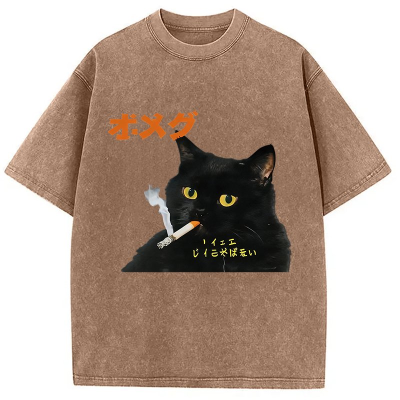 Modecanvas Smoking Cat Japanese DTG Printing Washed T-Shirt