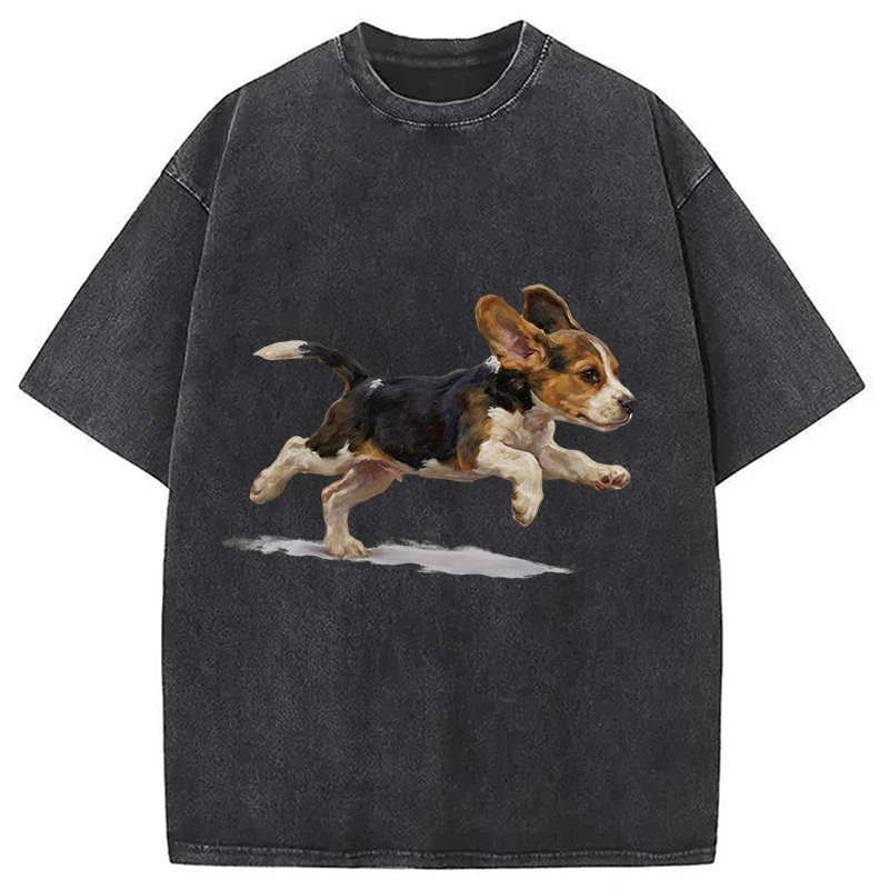 Modecanvas Funny Cute Running Beagle Puppy DTG Printing Washed T-Shirt