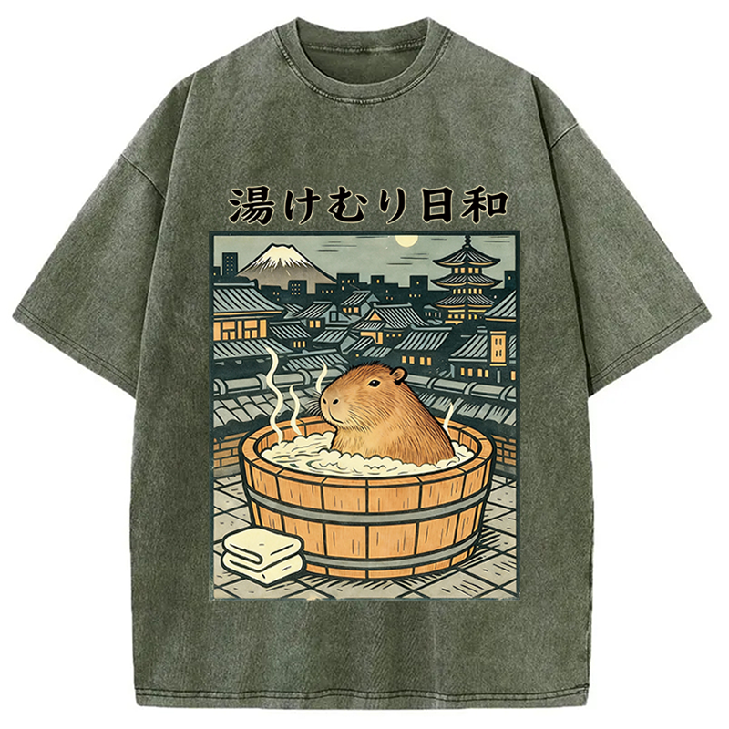 Modecanvas Capybara Bath DTG Printing Washed T-Shirt