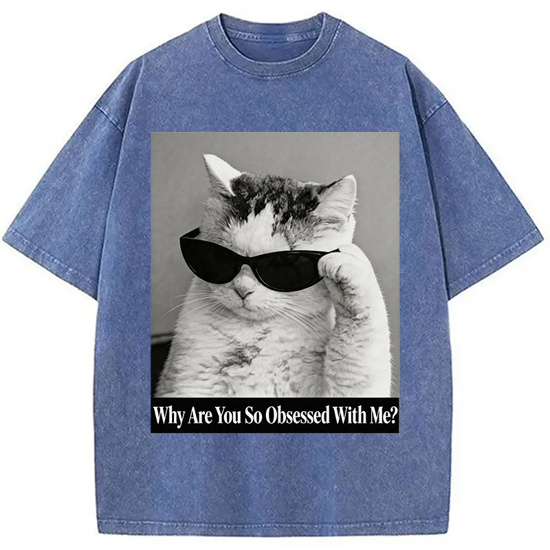 Modecanvas Why Are You So Obsessed WIth Me? Cat Meme DTG Printing Washed T-Shirt