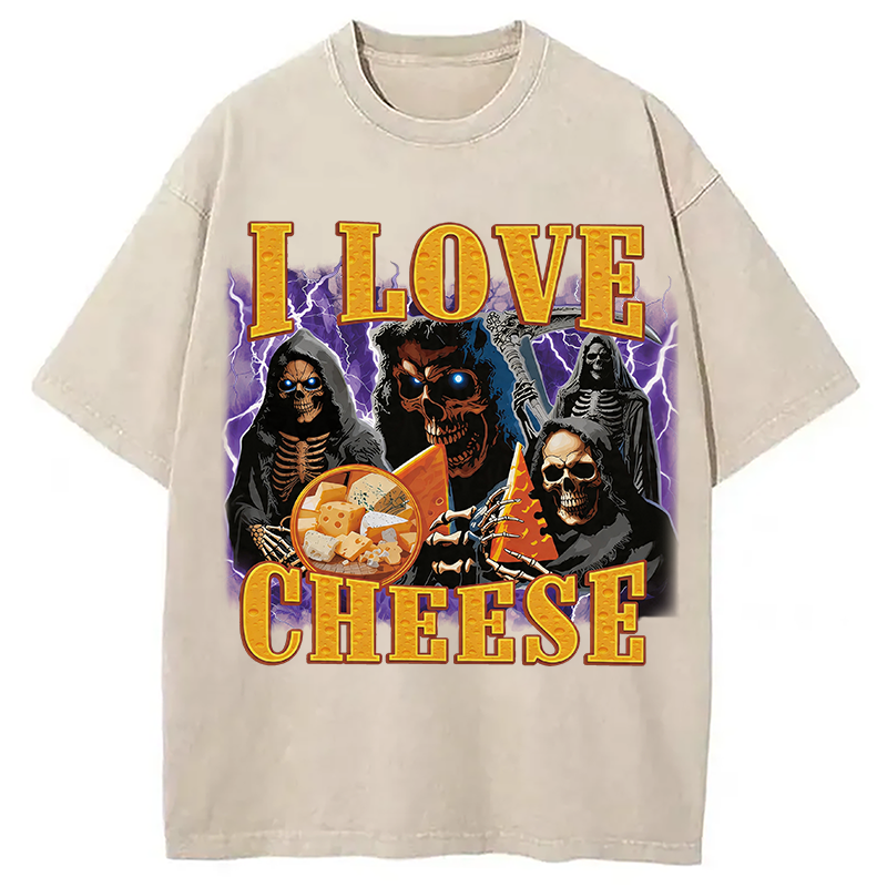 Modecanvas I Love Cheese Funny Skeleton Meme DTG Printing Washed T-Shirt