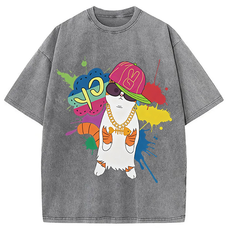 Modecanvas Hip Hop Cat DTG Printing Washed T-Shirt