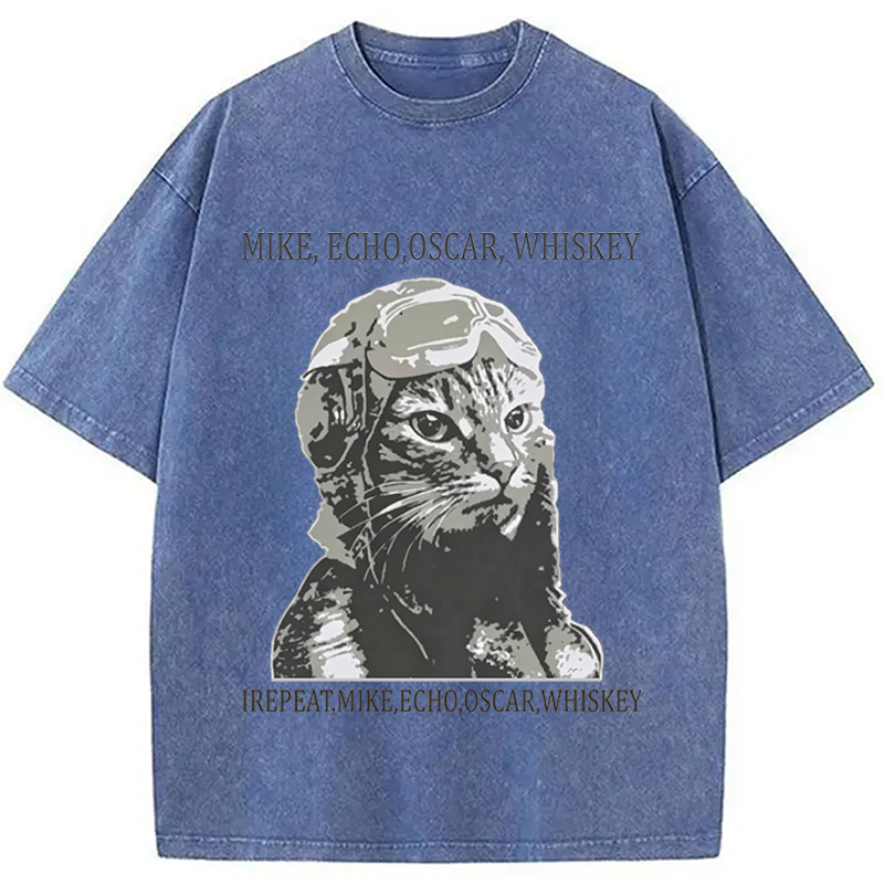 Modecanvas Funny Pilot Cat Meme DTG Printing Washed T-Shirt