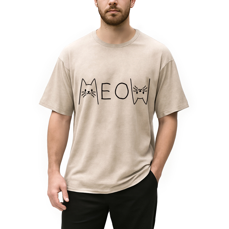 Modecanvas Meow Cat Meme DTG Printing Washed T-Shirt