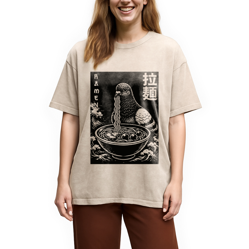 Modecanvas Ramen Pigeon DTG Printing Washed T-Shirt