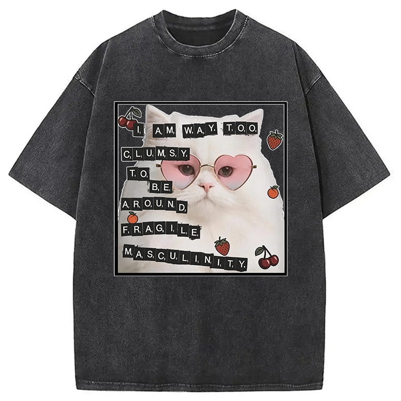 Modecanvas Funny Cat Fragile Masculinity DTG Printing Washed T-Shirt