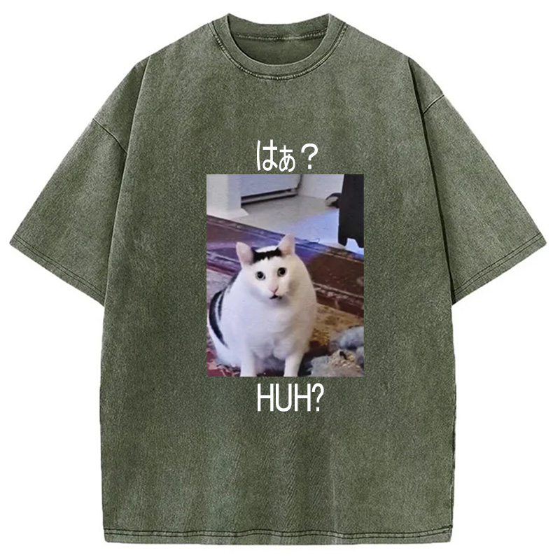 Modecanvas Huh? Funny Cat Meme Washed T-Shirt-modecanvas