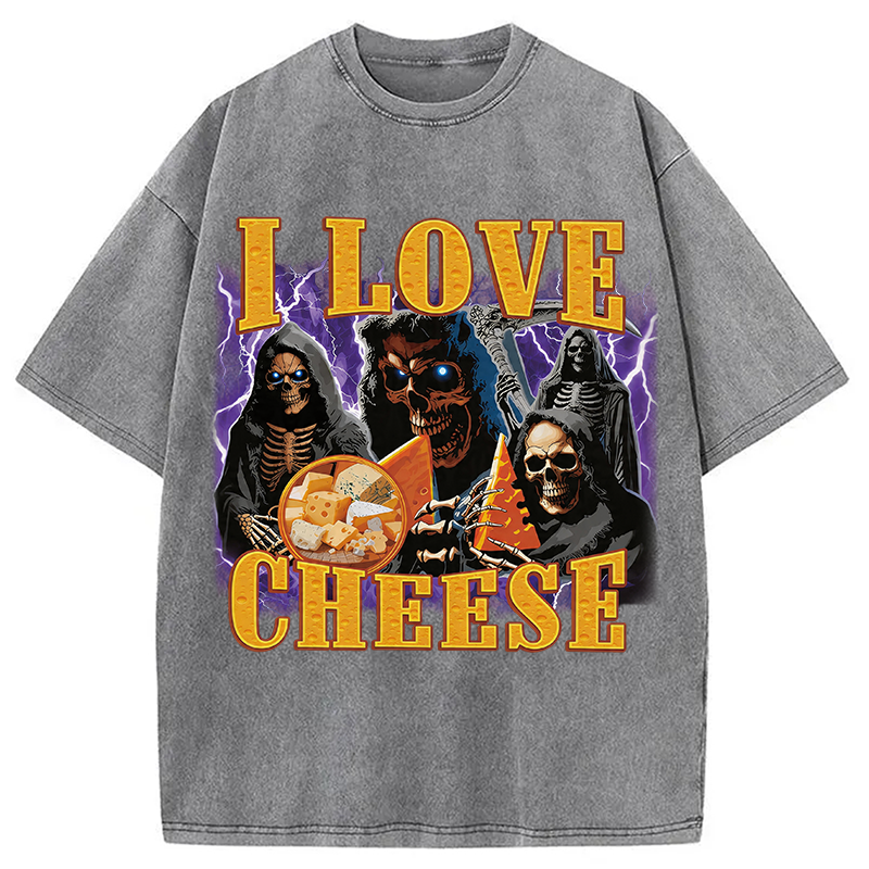 Modecanvas I Love Cheese Funny Skeleton Meme DTG Printing Washed T-Shirt