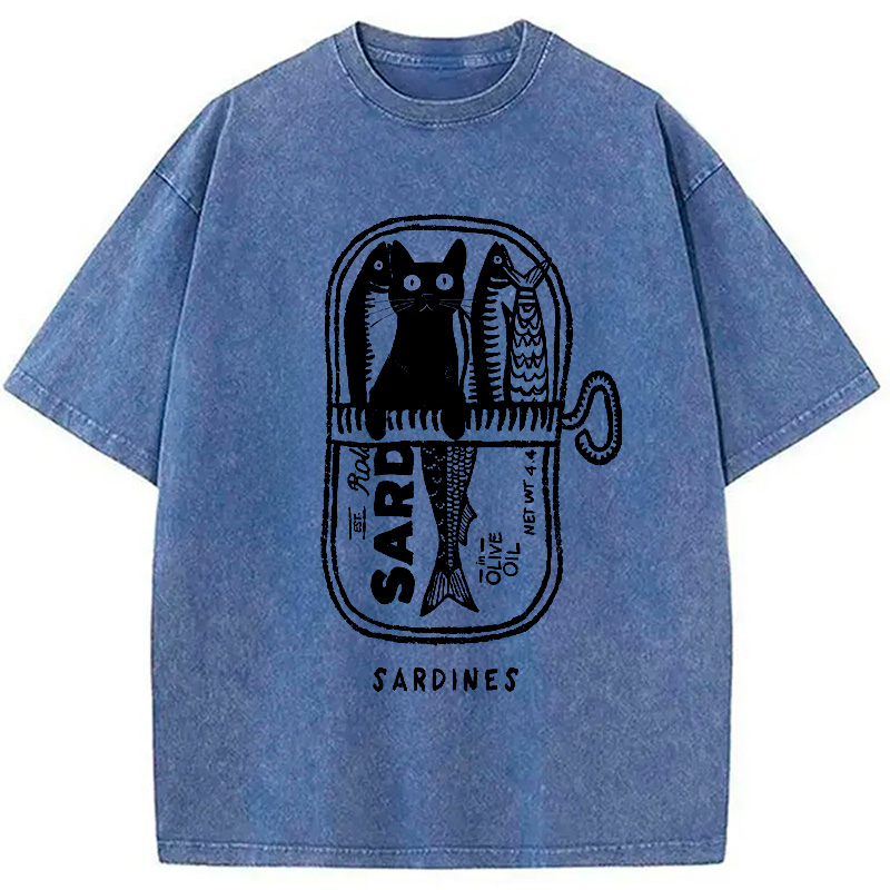 Modecanvas Cat Hiding In A Sardine Can Washed T-Shirt-modecanvas