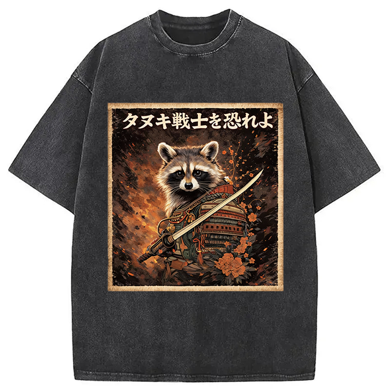 Modecanvas Japanese Raccoon Samurai Funny DTG Printing Washed T-Shirt