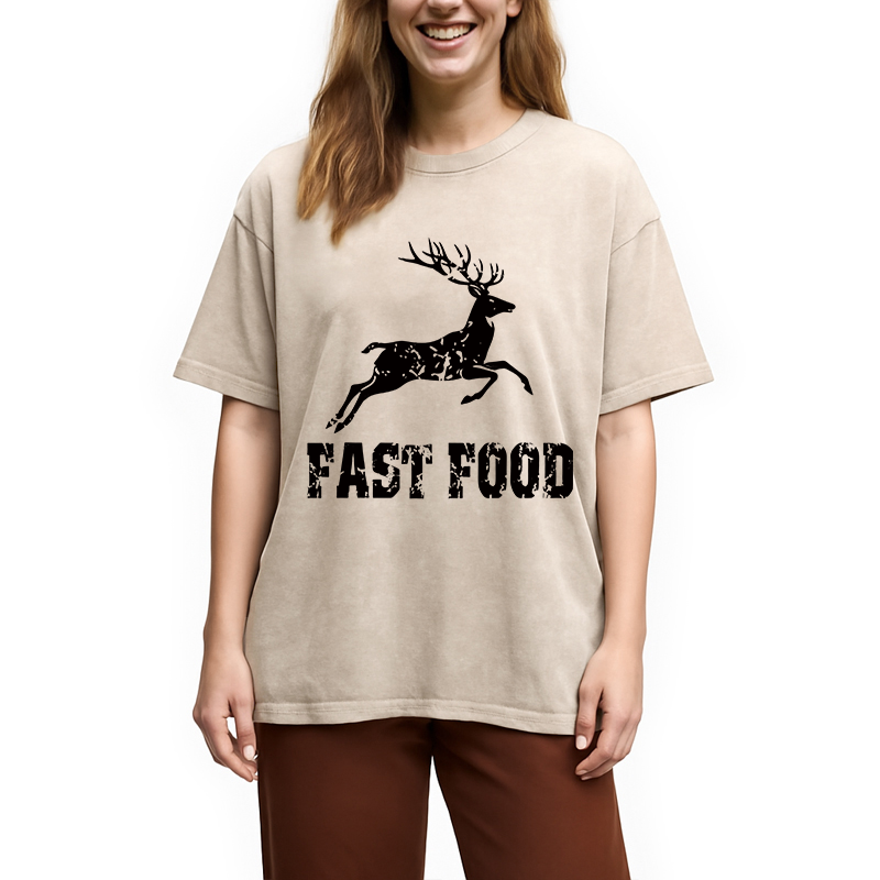 Modecanvas Fast Food Deer DTG Printing Washed T-Shirt-modecanvas