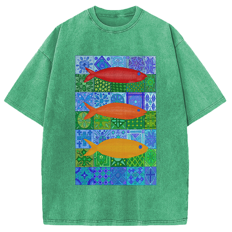 Modecanvas Three Fishes DTG Printing Washed T-Shirt