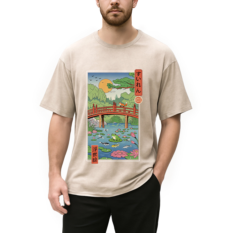 Modecanvas Water Lilies Ukiyo-e DTG Printing Washed T-Shirt