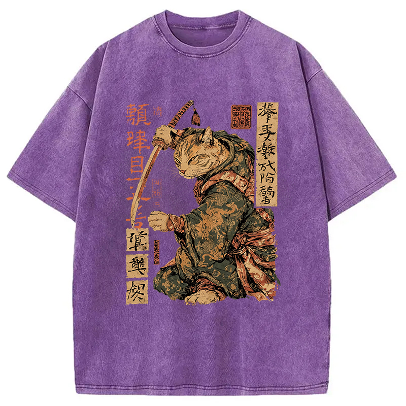 Modecanvas Japanese Katana Warrior Cat DTG Printing Washed T-Shirt-modecanvas