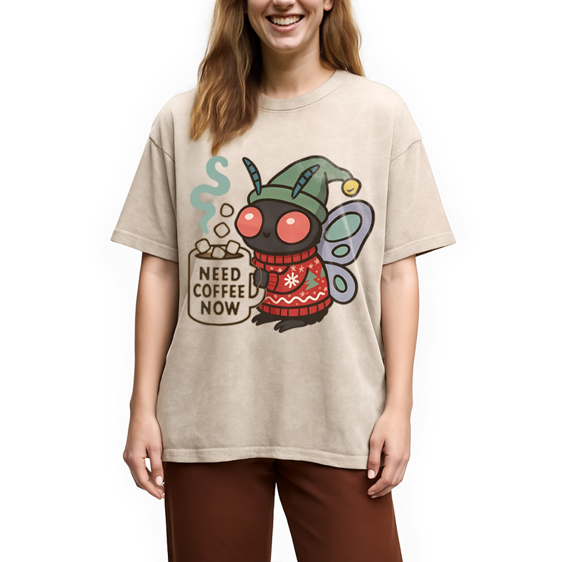 Modecanvas Creepy Cute Mothman Coffee DTG Printing Washed T-Shirt