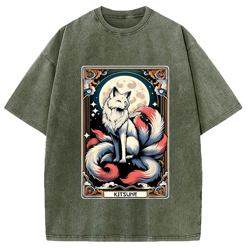 Modecanvas Japanese Kitsune Fox Nine Tailed Fox Tarot Washed T-Shirt