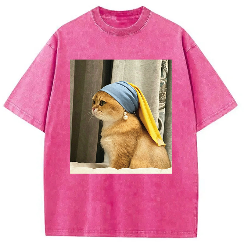 Modecanvas Cat with Pearl Earring Meme DTG Printing Washed T-Shirt