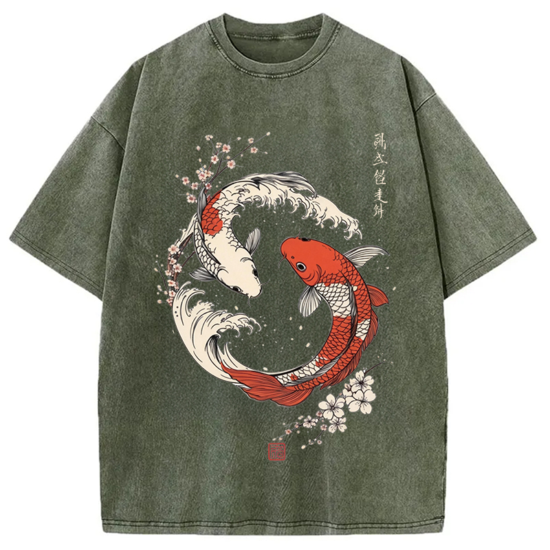 Modecanvas Koi Fish Cherry Blossoms Japanese DTG Printing Washed T-Shirt