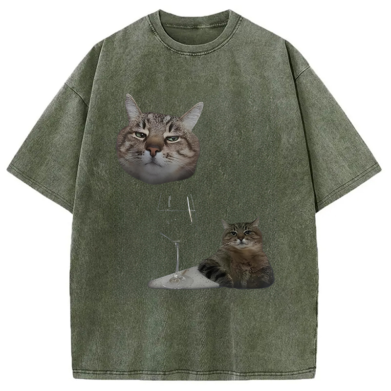 Modecanvas Funny Cat And Wine Art Cats Drinking Washed T-Shirt