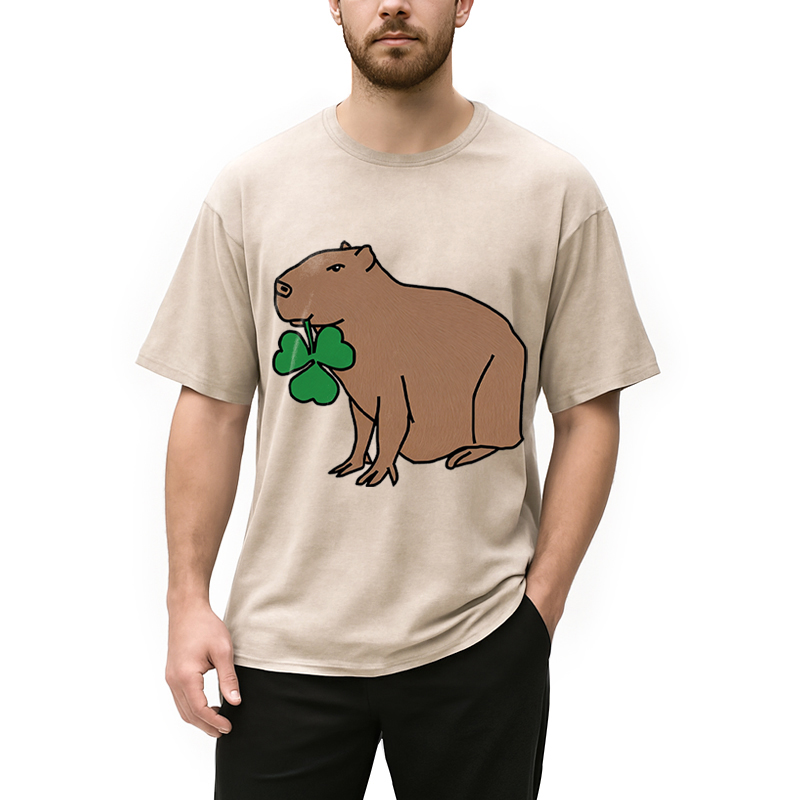 Modecanvas Cute Capybara with Shamrock DTG Printing Washed T-Shirt