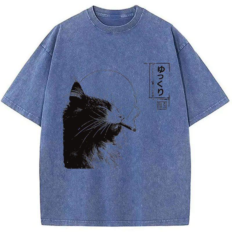 Modecanvas Stay Chill Smoking Cat DTG Printing Washed T-Shirt-modecanvas