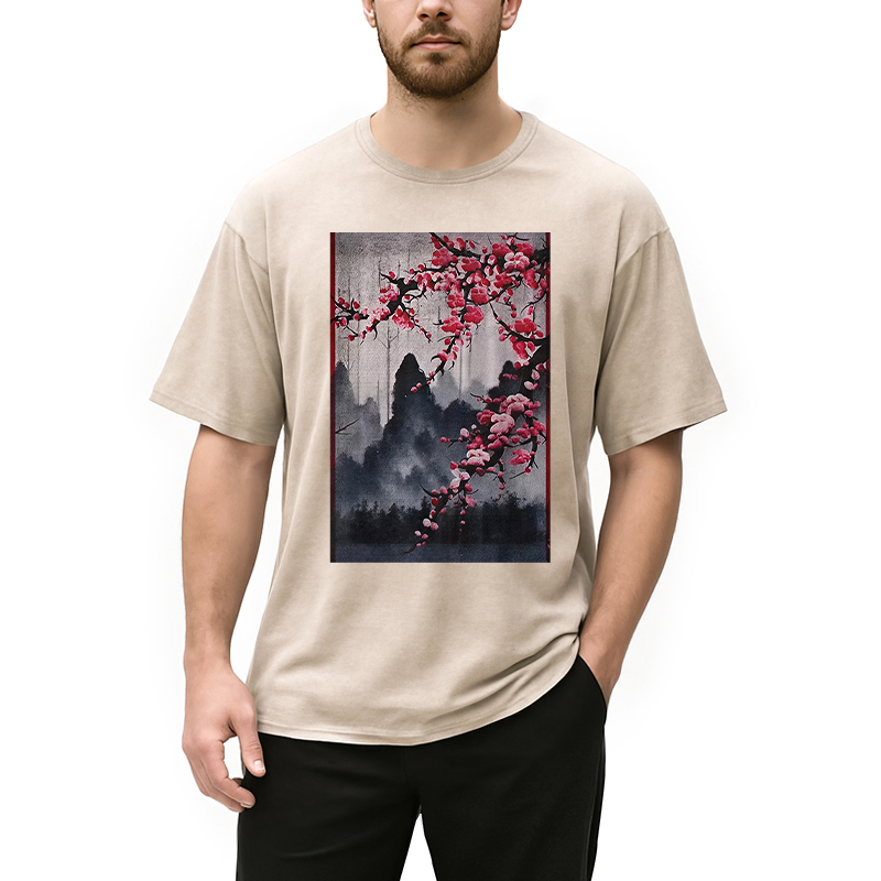 Modecanvas Cherry Blossom Woodblock Japanese Washed T-Shirt