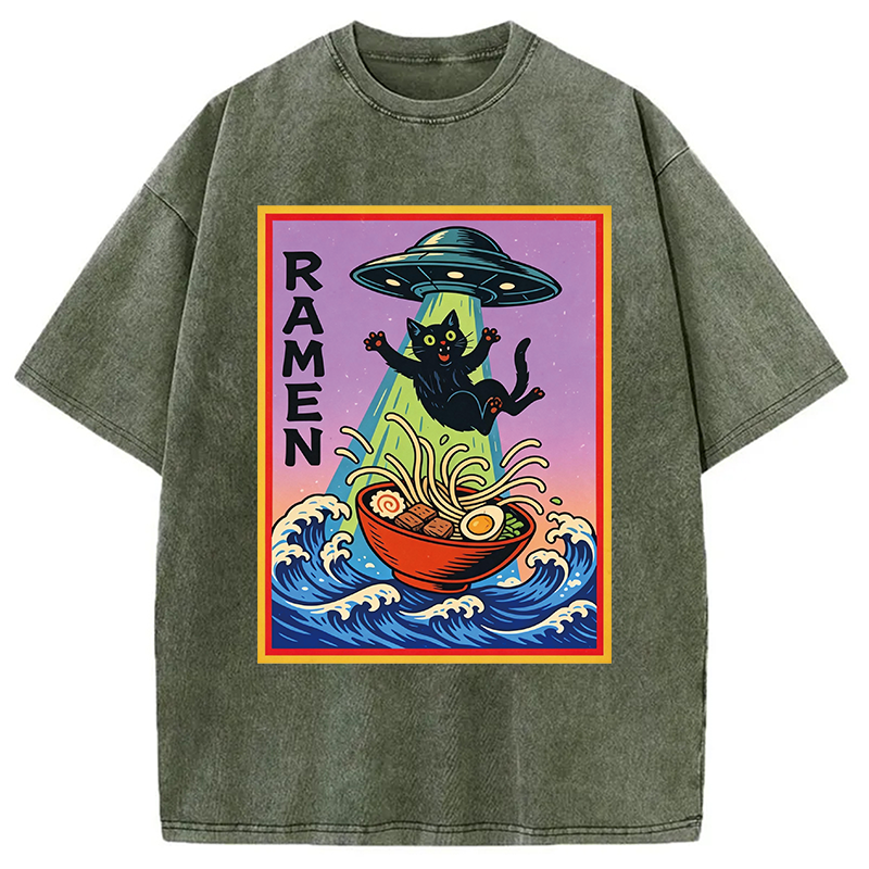 Modecanvas UFO Catching the Ramen Black Cat DTG Printing Washed T-Shirt